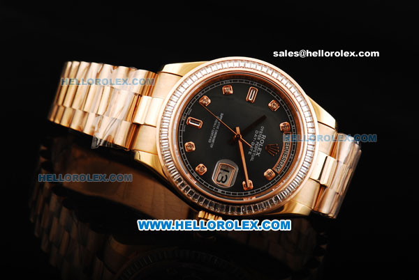 Rolex Day Date II Automatic Movement Full Rose Gold with Diamond Bezel - Diamond Markers and Black MOP Dial - Click Image to Close
